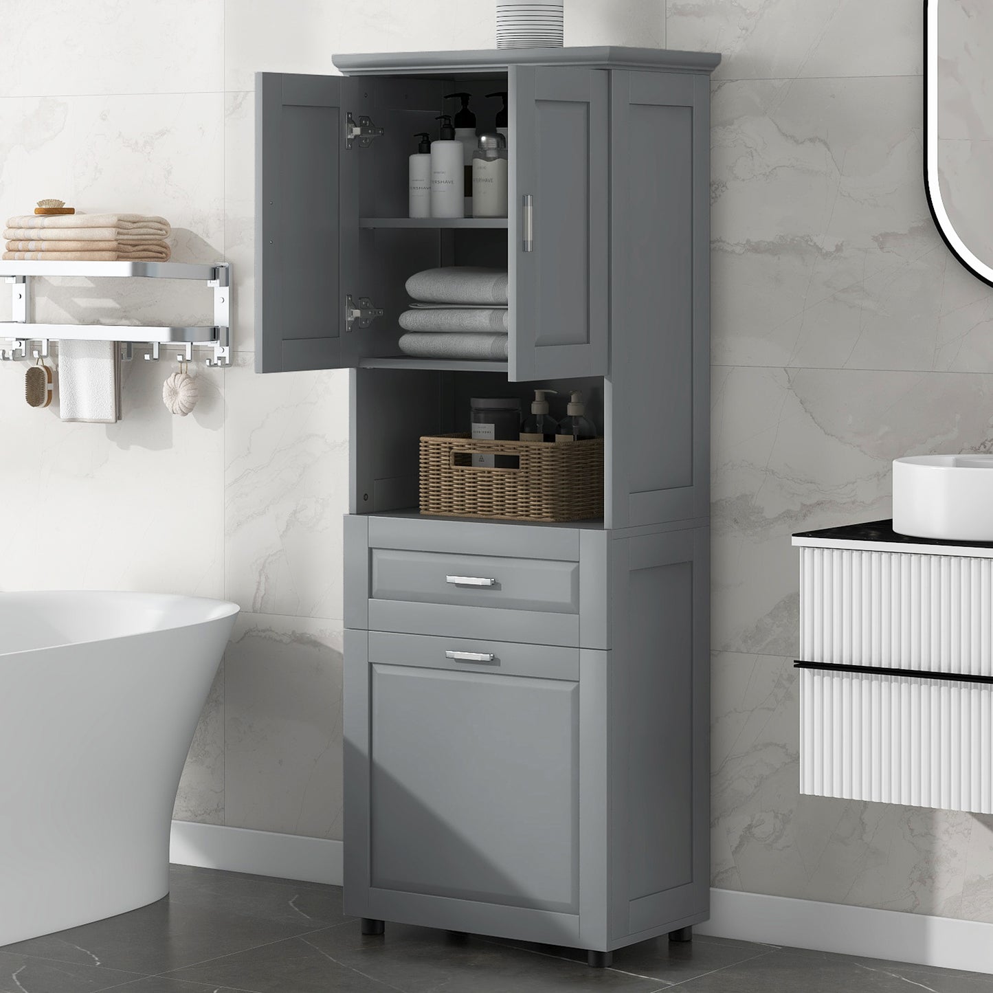 Tall Grey Storage Cabinet with Removable Laundry Hamper, Multi-Functional Upper Shelves and Cabinet Doors