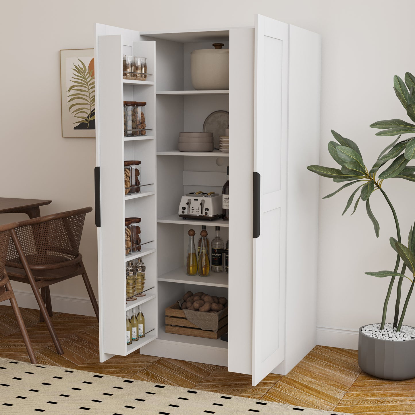 Elegant 62.99” White Freestanding Kitchen Pantry Cabinet with Multi-Level Shelves and Doors for Modern Living Spaces