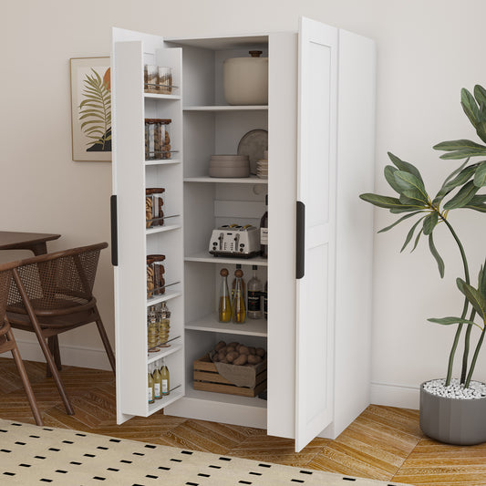 Elegant 62.99” White Freestanding Kitchen Pantry Cabinet with Multi-Level Shelves and Doors for Modern Living Spaces