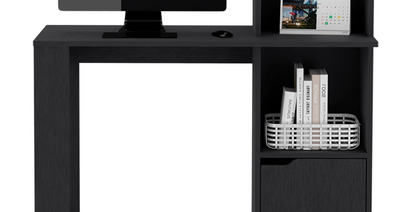 Black Writing Desk with Integrated Bookcase and Storage Cabinet