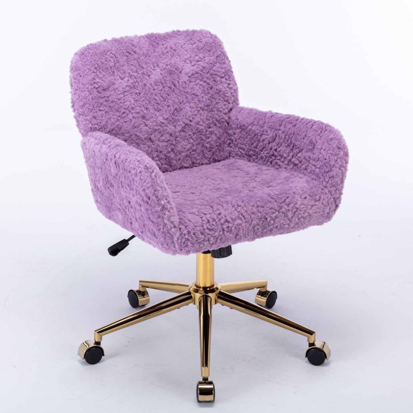 Violet Velvet Office Chair with Golden Base, Adjustable Swivel Design, Plush Artificial Alpaca Wool Upholstery, Ideal for Home and Vanity Use