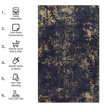 8x10 Washable Area Rug, Low-Pile, Non-Slip, Foldable, Kid & Pet Friendly for Dining Black-Gold