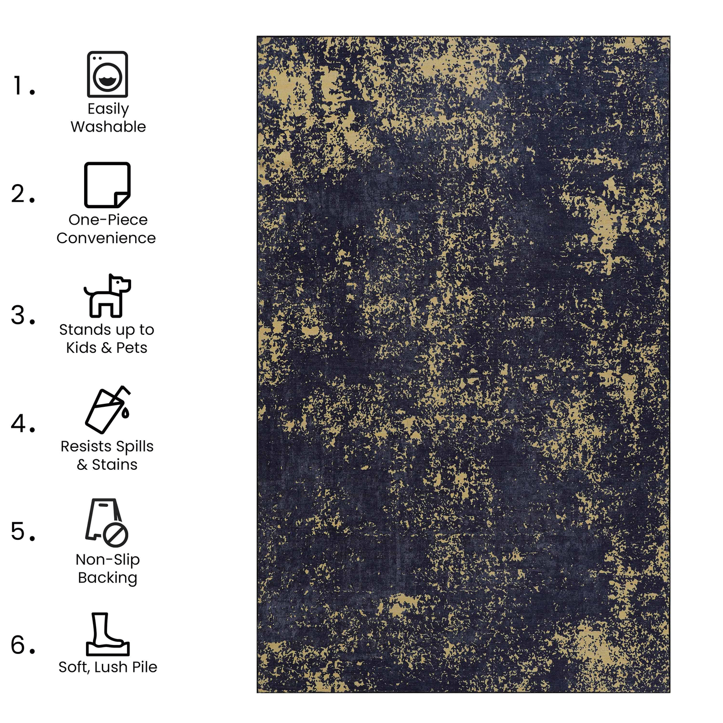 5x8 Machine-Washable Area Rug, Low-Pile, Non-Slip, Foldable, Kid & Pet Friendly Living Room Black & Gold