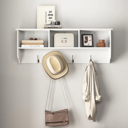 Wall-Mounted Coat Rack with 4 Hooks and 3-Cubby Top Shelf, 38.6in Entryway Cabinet, MDF White
