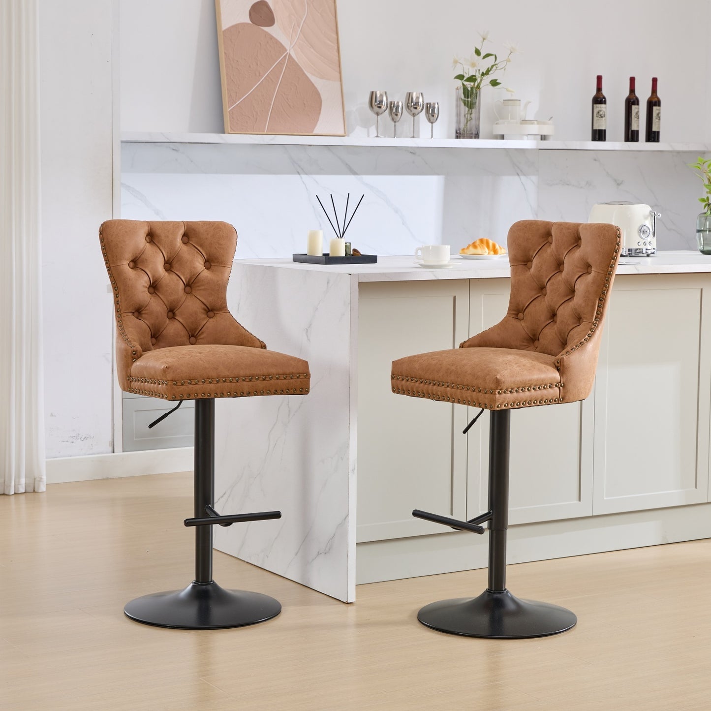 Orange Aged Retro PU Swivel Bar Stools Tufted Back