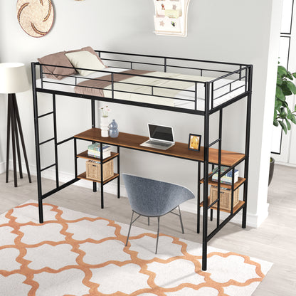 Space-Saving Twin Loft Bed with Integrated Desk & Shelves - Durable Black Metal Design