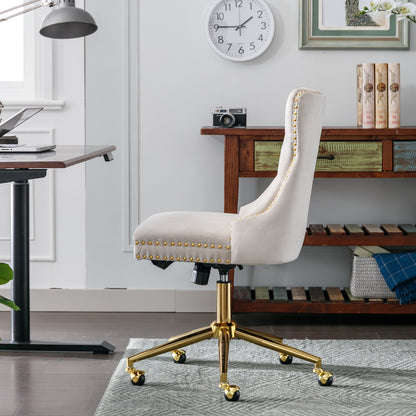 Velvet Tufted Button Office Chair with Golden Base - Adjustable Swivel Desk Chair in Beige