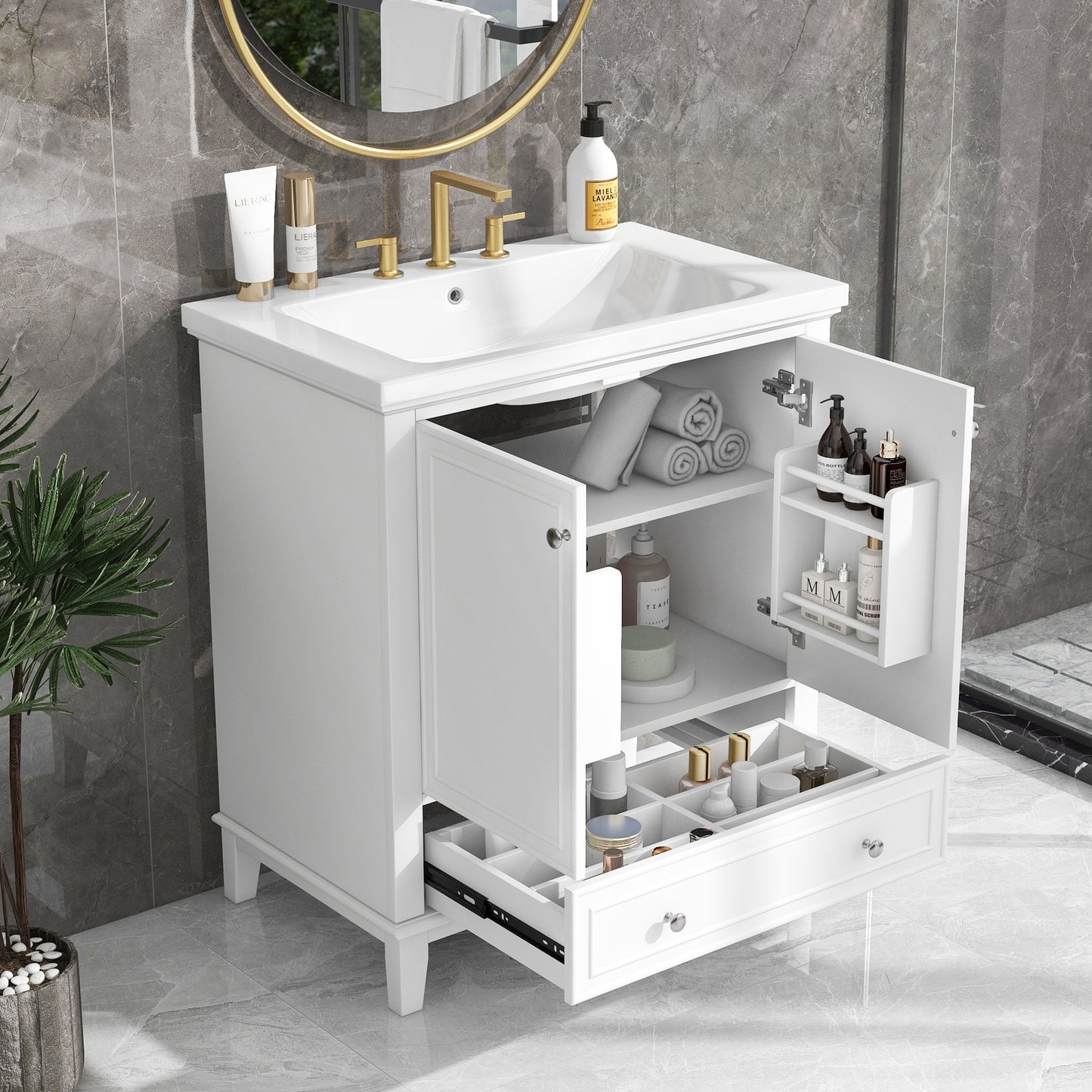 30" Modern Bathroom Vanity with Ceramic Sink, Multi-Storage Cabinet with Adjustable Shelves, Durable Solid Wood & MDF Construction, White Finish