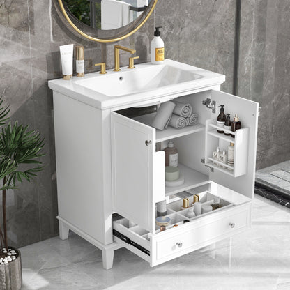 30" Modern Bathroom Vanity with Ceramic Sink, Multi-Storage Cabinet with Adjustable Shelves, Durable Solid Wood & MDF Construction, White Finish