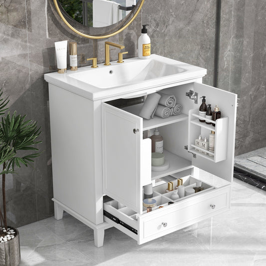 30" Modern Bathroom Vanity with Ceramic Sink, Multi-Storage Cabinet with Adjustable Shelves, Durable Solid Wood & MDF Construction, White Finish