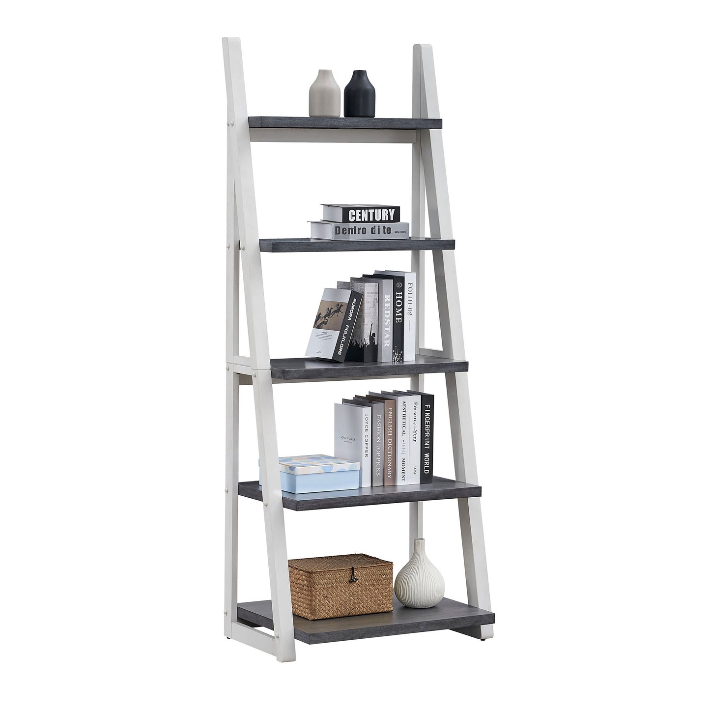 Modern 5-Tier Ladder Bookshelf with Solid Rubber Wood Frame for Versatile Storage in Any Room