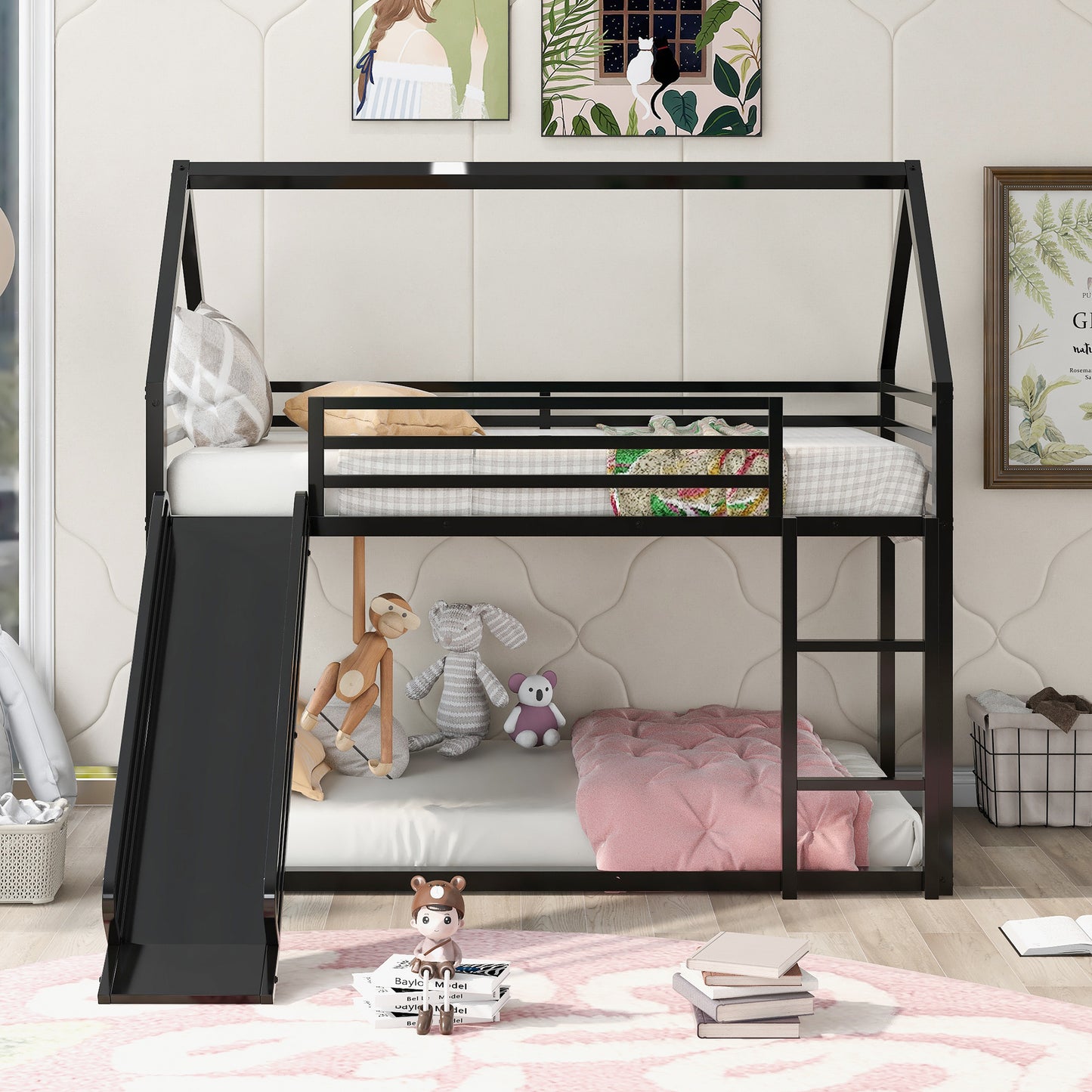 Twin House Bunk Bed with Slide and Ladder in Black for Kids