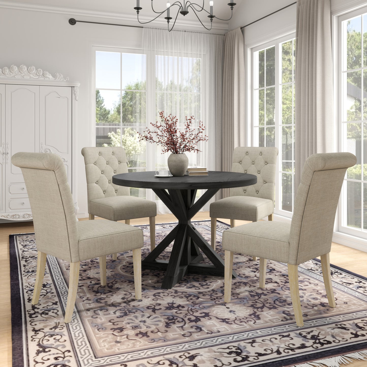 Round Dining Set With Cross Buck Base Tufted Chairs 5Pc Tan
