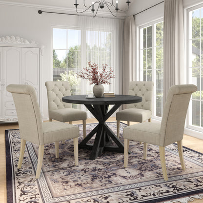Round Dining Set With Cross Buck Base Tufted Chairs 5Pc Tan