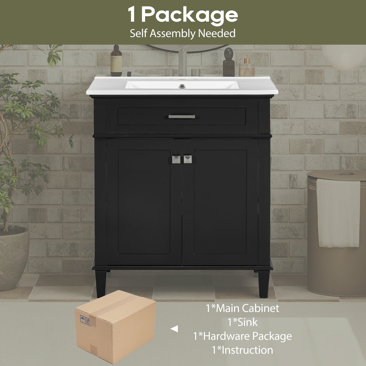 30-Inch Black Bathroom Vanity with Ceramic Sink, Soft-Close Doors, and Adjustable Storage Shelves