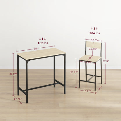 3-Piece Counter-Height Bar Table and Chairs Set for Two, Space-Saving Industrial Dining, MDF Top Oak