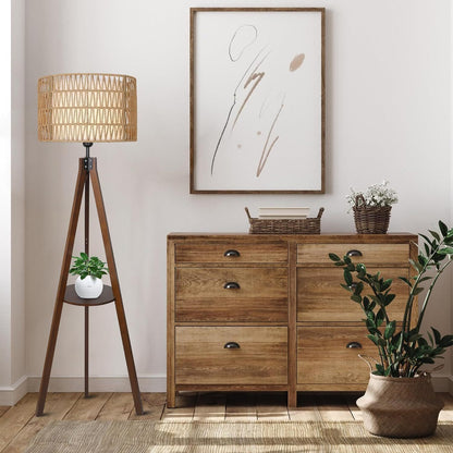 59-Inch Tripod Floor Lamp with Shelves, Wood Mid-Century Lamp with Rattan & Fabric Shades, On/Off Foot Switch, Brown