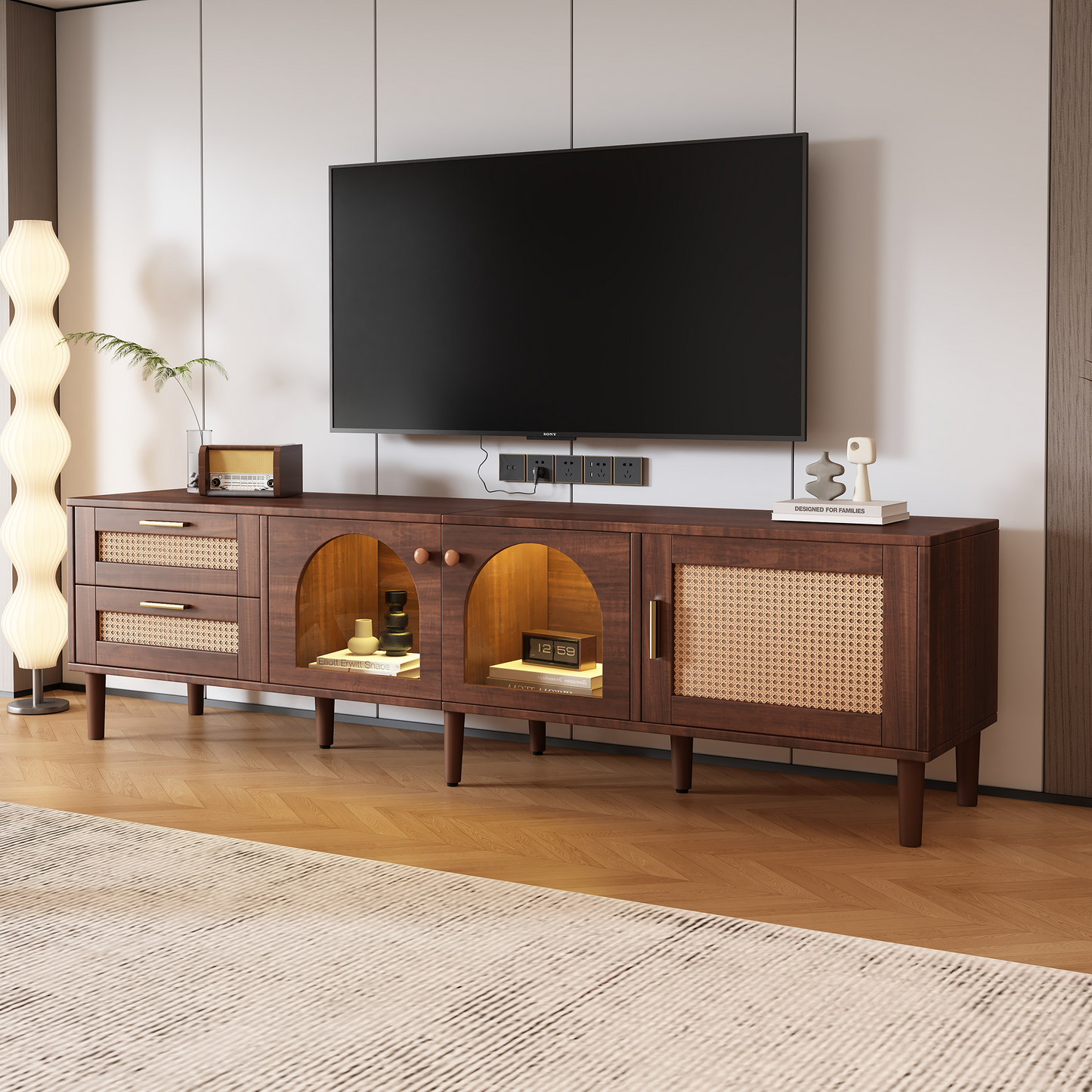 Rattan TV Stand with 3 Cabinets & 2 Drawers, Fits 80'' TVs, Media Console for Living Room - Dark Brown