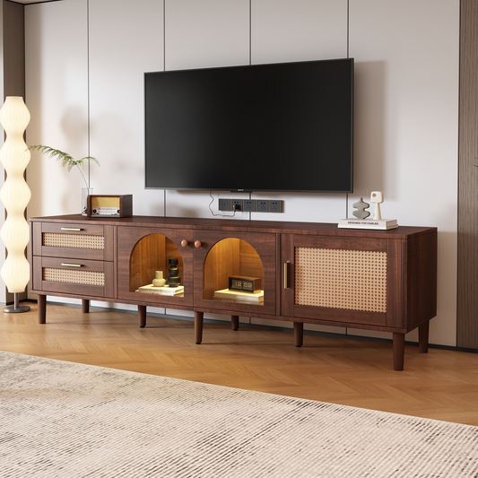 Rattan TV Stand with 3 Cabinets & 2 Drawers, Fits 80'' TVs, Media Console for Living Room - Dark Brown