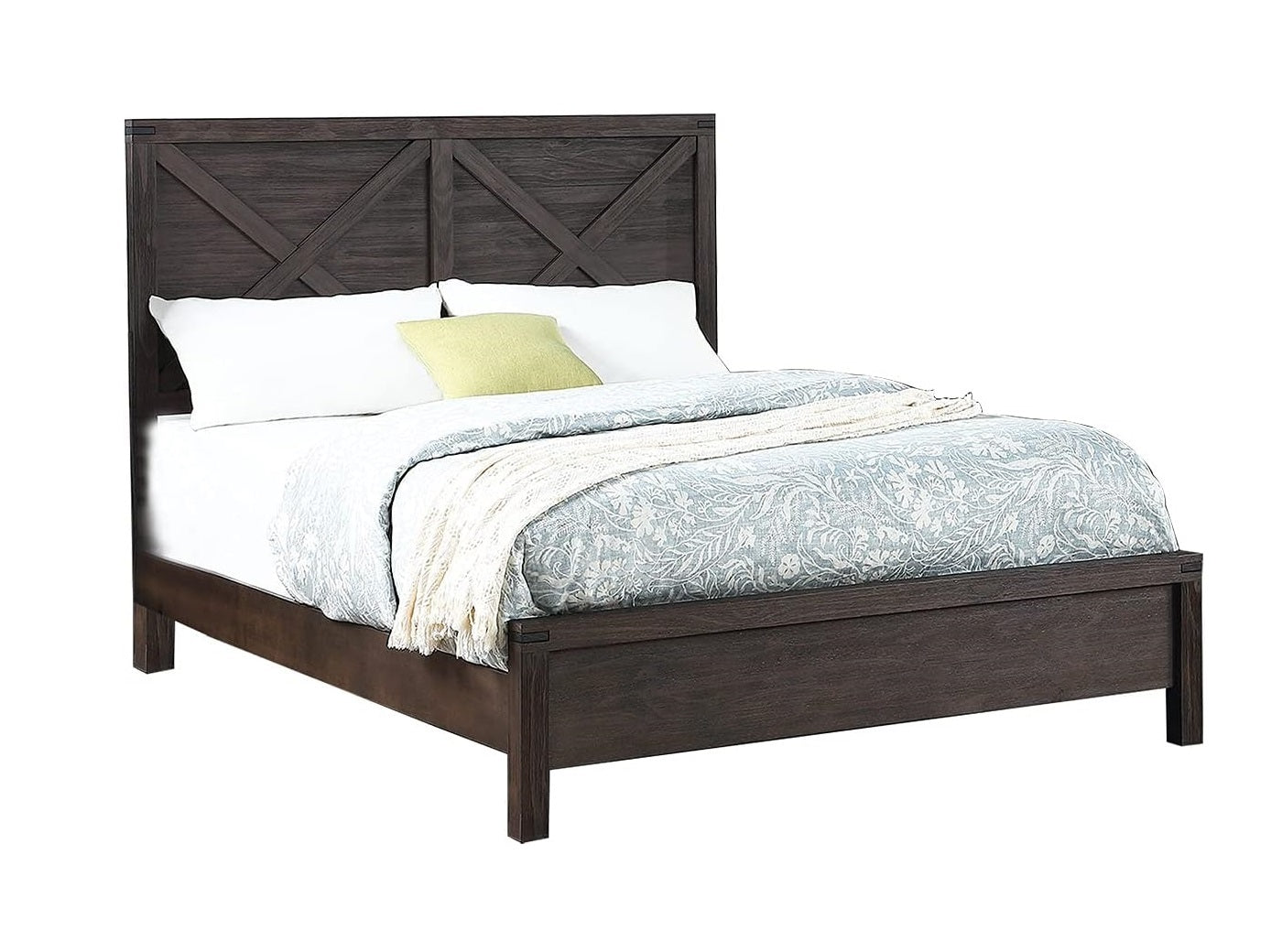 Rustic Elegance Queen Size Bed with Unique X-Design Headboard - Espresso Wooden Bedroom Furniture