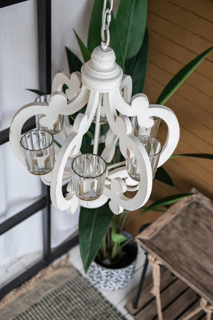 Farmhouse 6-Light Wood Chandelier Pendant with Adjustable Chain for Dining Room and Entryway Cream Finish