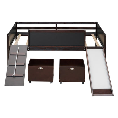 Espresso Twin Loft Bed with Slide and Storage Bins