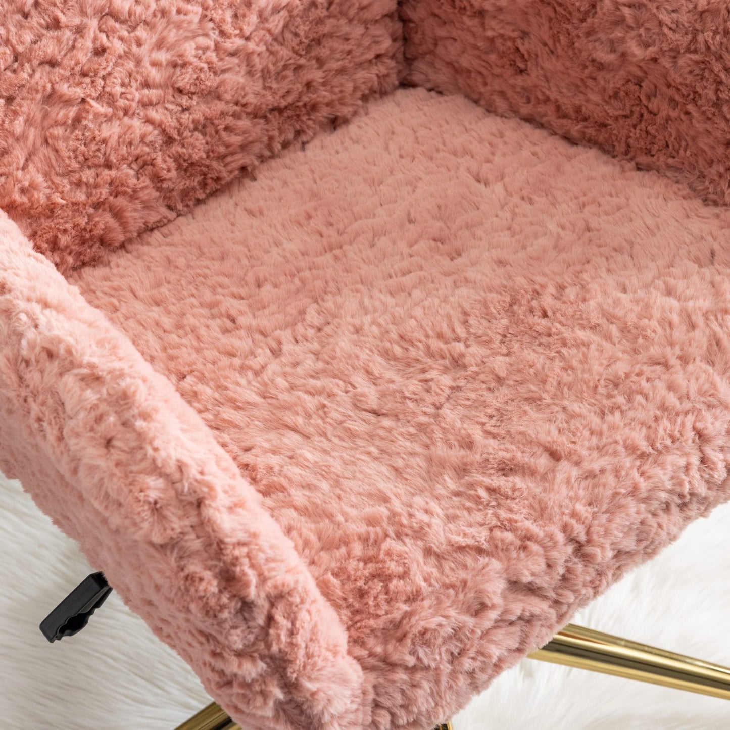 Elegant Pink Upholstered Office Chair with Golden Base - Adjustable Swivel Vanity Chair with Rabbit Fur Cushion