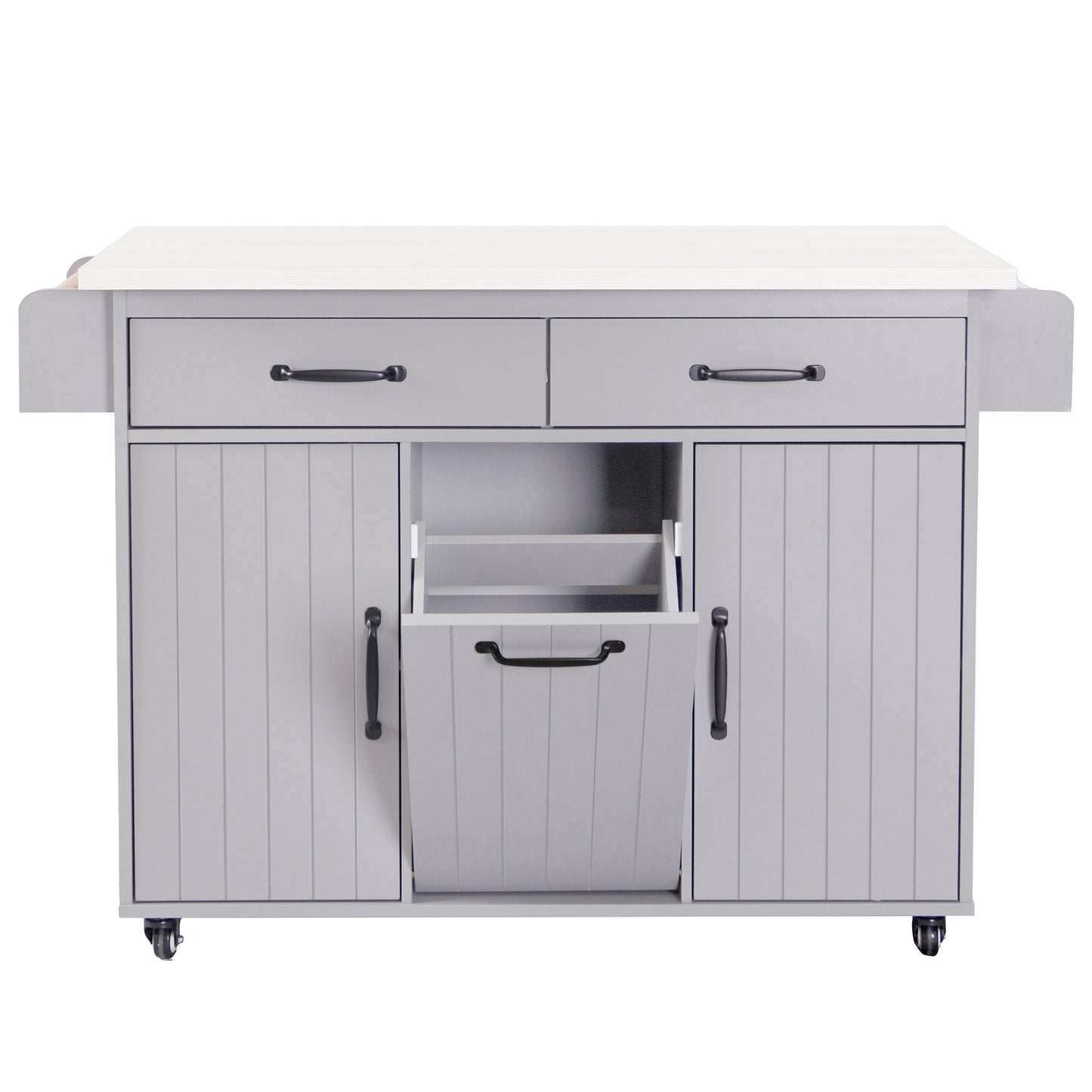 Grey Rolling Kitchen Island with Drop Leaf and Trash Can Storage, Spice Rack, Towel Rack, and Adjustable Shelves