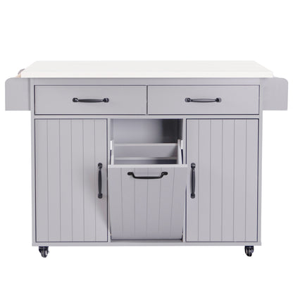 Grey Rolling Kitchen Island with Drop Leaf and Trash Can Storage, Spice Rack, Towel Rack, and Adjustable Shelves