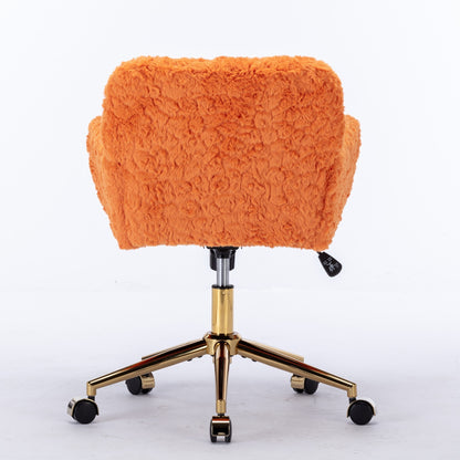 Orange Upholstered Home Office Chair with Golden Base - Adjustable Swivel Vanity Chair Featuring Artificial Rabbit Hair and Reclining Chassis