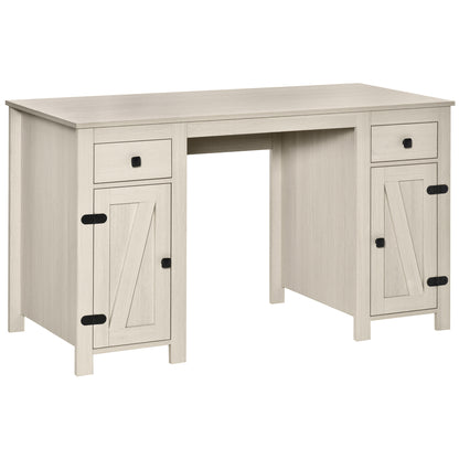 Cream White Farmhouse Style Computer Desk with Storage Drawers and Cabinets for Home Office