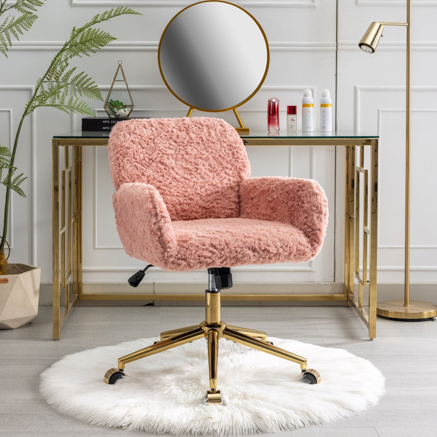 Elegant Pink Upholstered Office Chair with Golden Base - Adjustable Swivel Vanity Chair with Rabbit Fur Cushion