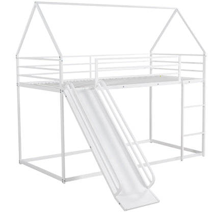 House-Themed Twin Over Twin Bunk Bed with Fun Slide and Ladder in White