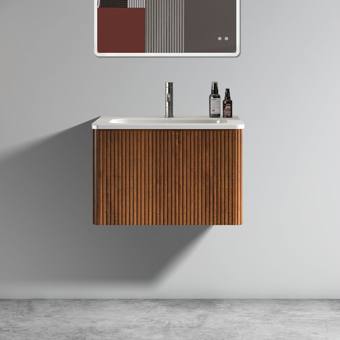 24" Modern Floating Bathroom Vanity with White Ceramic Sink and Striped Walnut Finish, Pre-Assembled Wall-Mounted Design