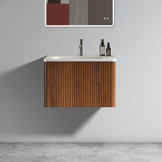 24" Modern Floating Bathroom Vanity with White Ceramic Sink and Striped Walnut Finish, Pre-Assembled Wall-Mounted Design
