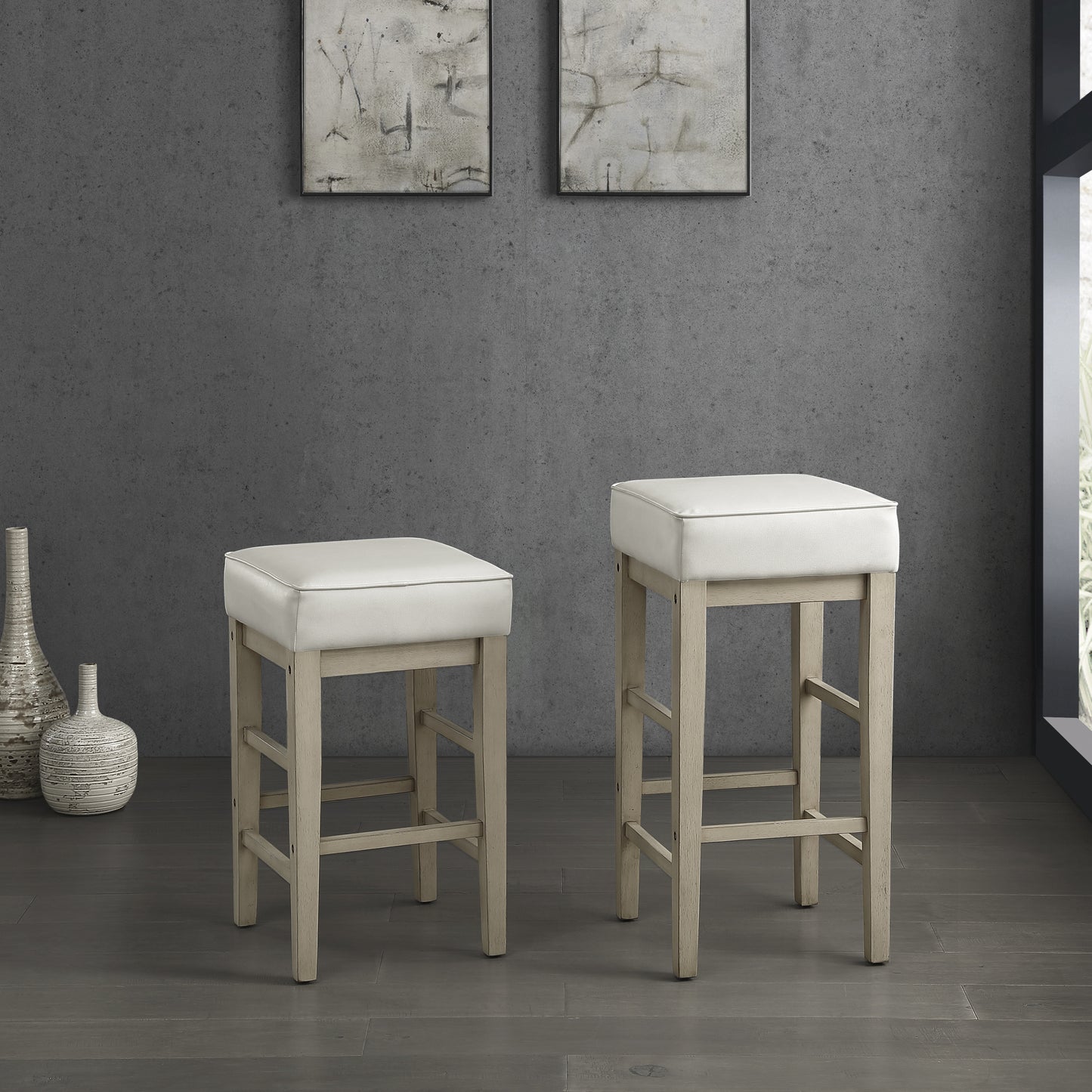 Transitional White Faux Leather Seat 29-inch Pub Height Stools Set of 2, White Finish Solid Wood Frame