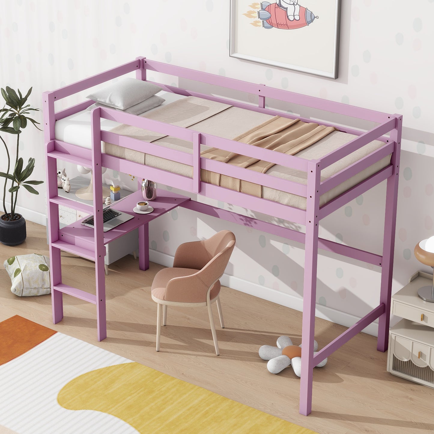 Pink Twin High Loft Bed with Built-in Desk and Safety Guardrails - Rubber Wood Design