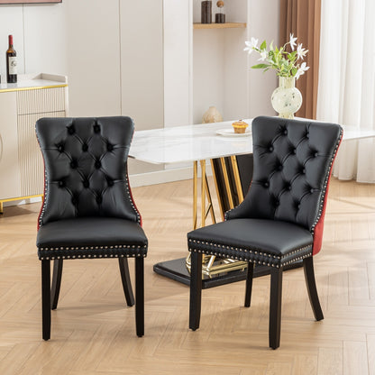 Modern Tufted Solid Wood Dining Chairs, PU & Velvet, Wood Legs, Set of 2, Black + Burgundy