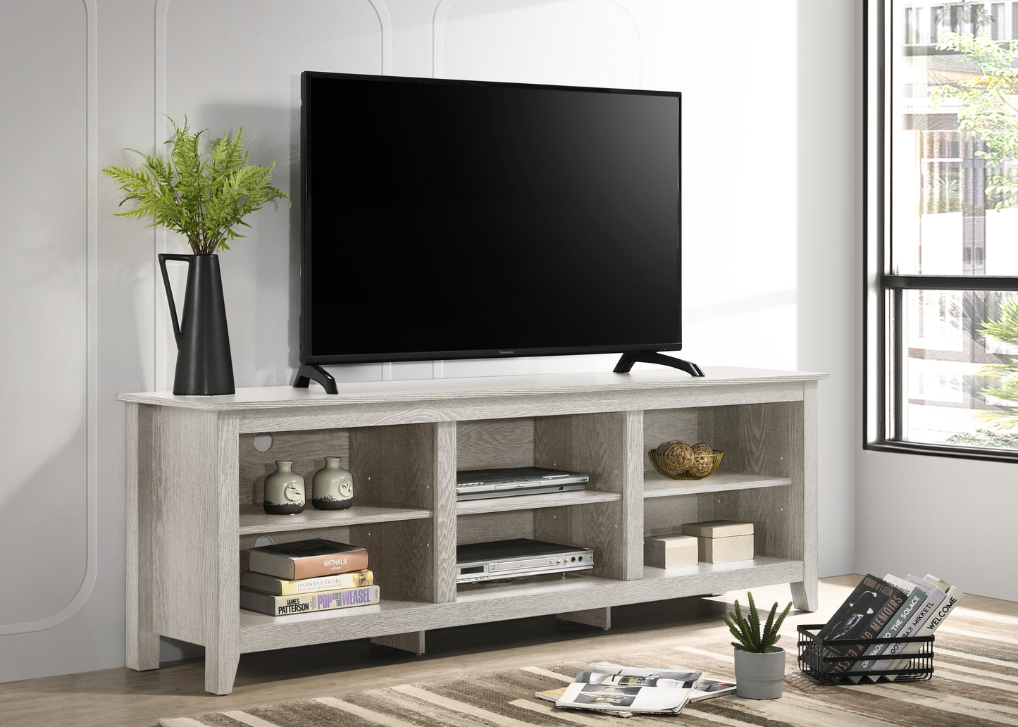 70-Inch Wide TV Stand with Shelves and Cable Management, Adjustable, Particle Board Console Dusty Gray
