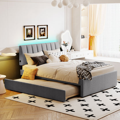 Luxurious Gray Upholstered Full Size Platform Bed with Twin Trundle and LED Lights