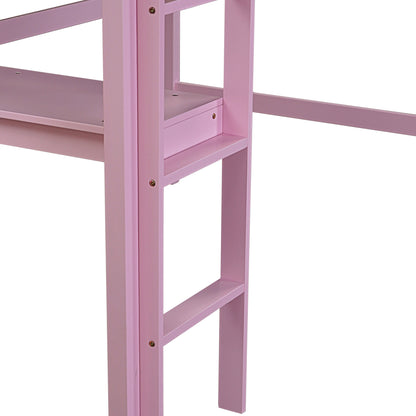Pink Twin High Loft Bed with Built-in Desk and Safety Guardrails - Rubber Wood Design