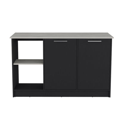 Modern Black Kitchen Island with Spacious Marble Top, Double Door Storage, and Open Shelving