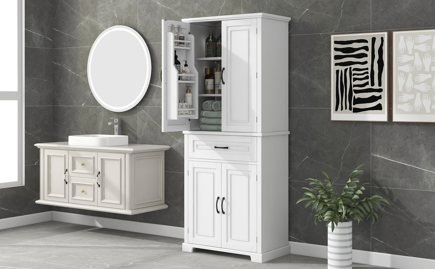 Tall White Bathroom Storage Cabinet with Adjustable Shelf and Drawer, Versatile Multi-Functional Organizer