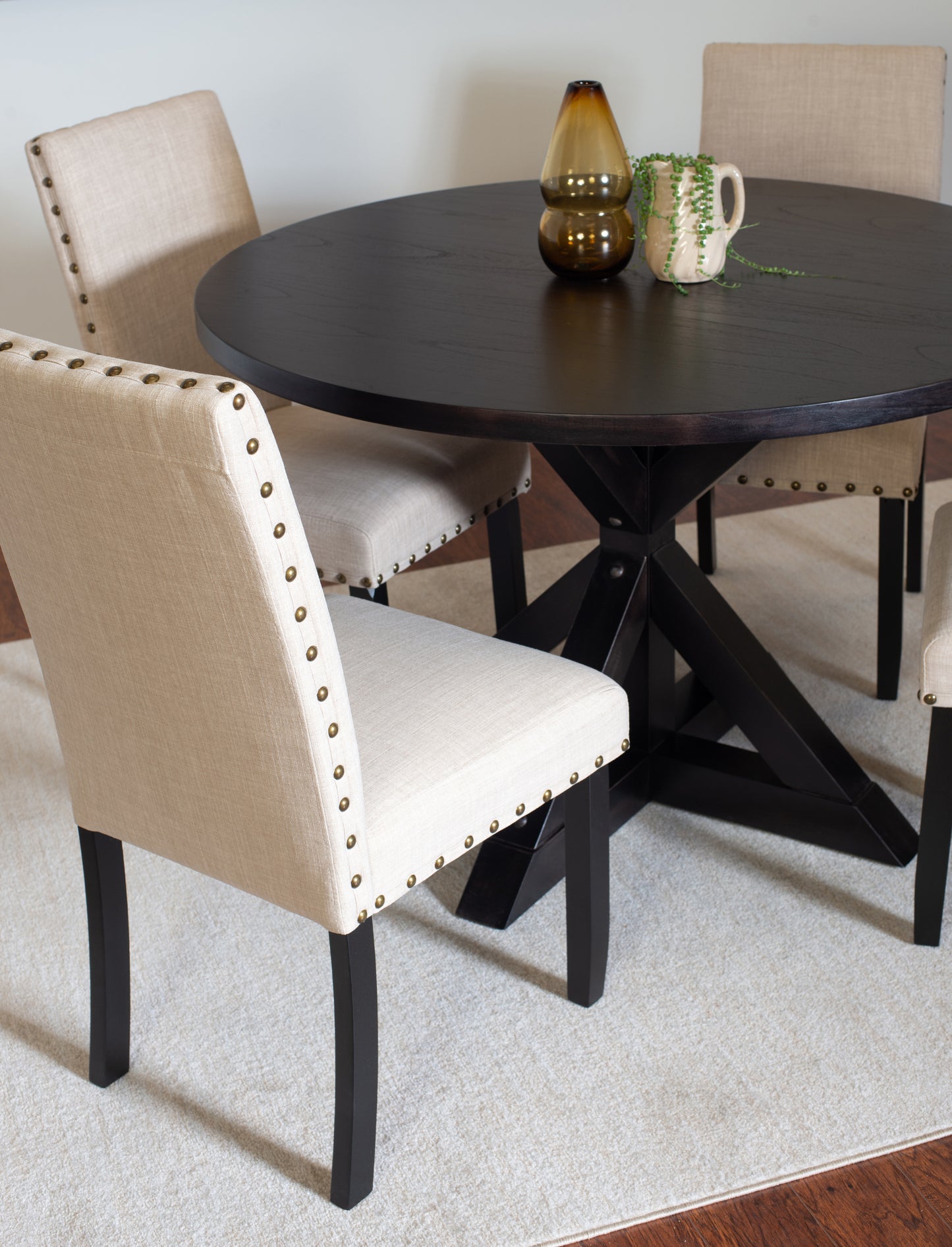 5 Piece Dining Set Round Cross Buck Table With Four Chairs