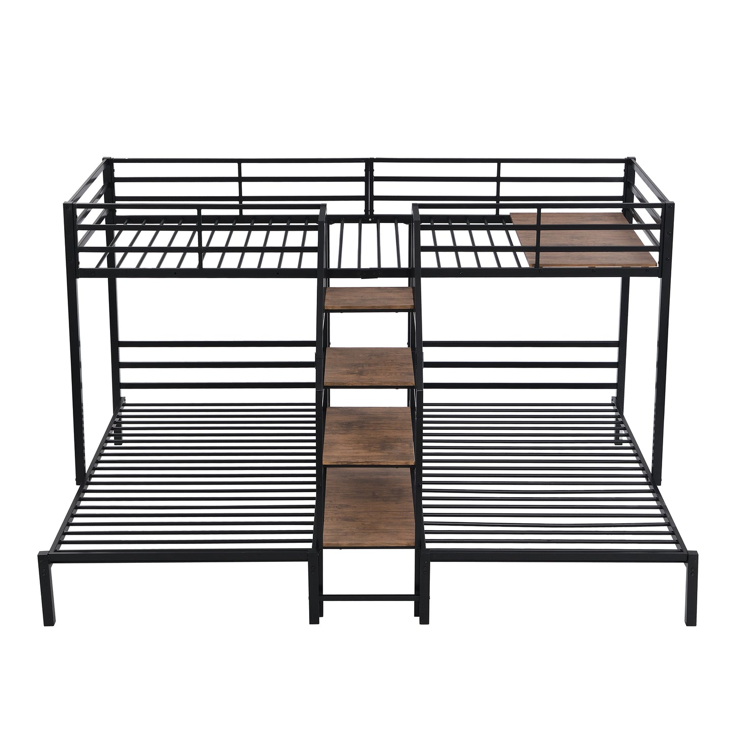 Black Metal Triple Bunk Bed with Storage Shelves and Staircase - Twin Over Twin Configuration