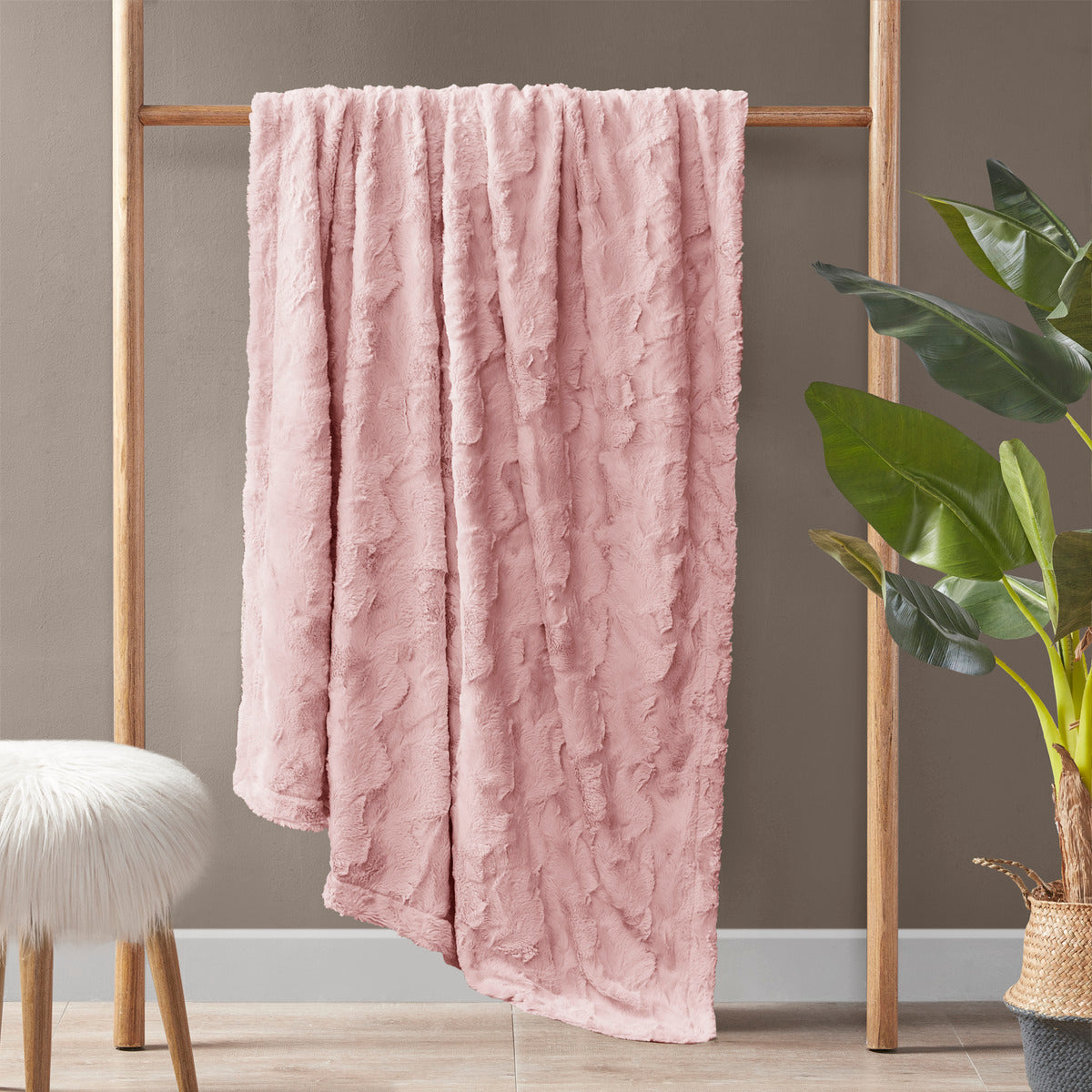 Oversized Faux Fur Throw, 60x70 in, Plush Polyester with Faux Mink Reverse, OEKO-TEX, Washable - Blush
