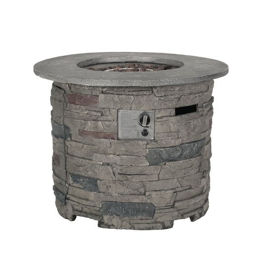 32 Inch Round MgO Propane Fire Pit Table For Outdoor Patio Transitional Style Concrete Construction Stone Gray