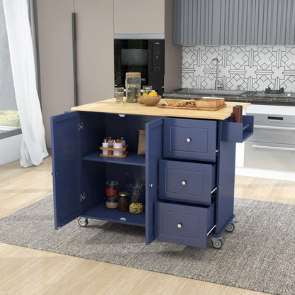 Versatile Rolling Kitchen Cart with Drop Leaf - Sturdy Solid Wood Top, Locking Wheels & Ample Storage (Dark Blue)