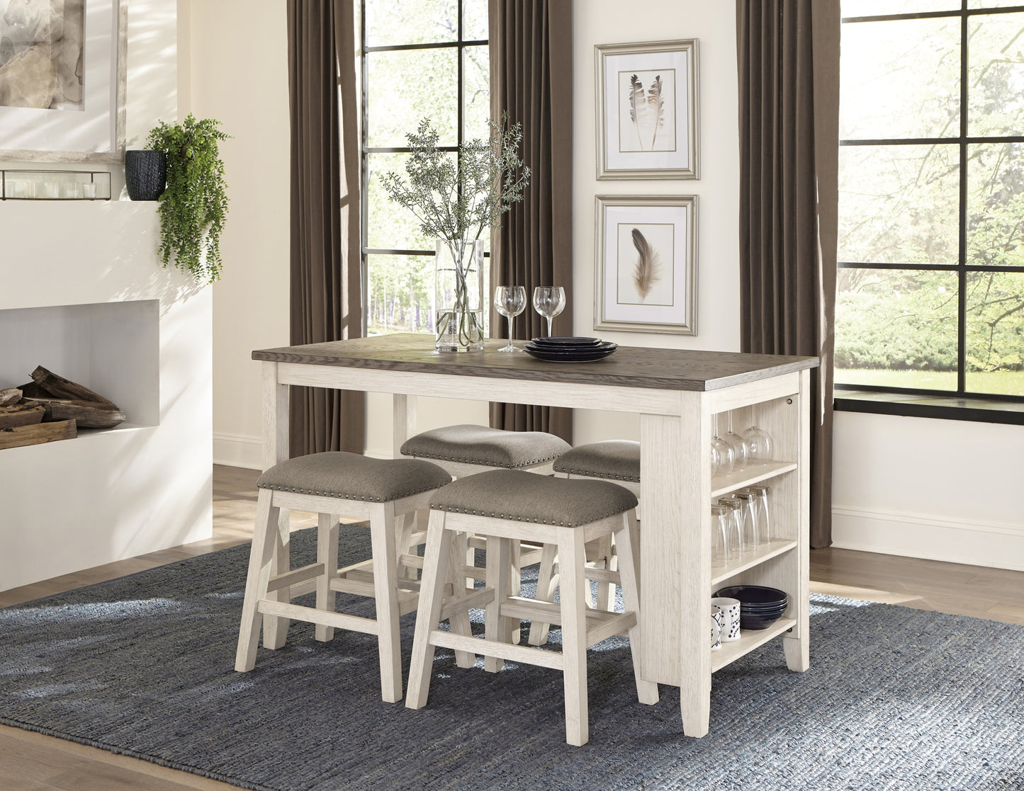 5-Piece Counter Height Dining Set: 60-Inch Wood Table and 4 Stools, Nailhead Trim Antique White Finish