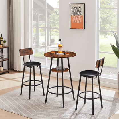 Round Bar Stool Set with Built-In Shelf, Upholstered Seat and Backrest for Kitchen Bar, Rustic Brown